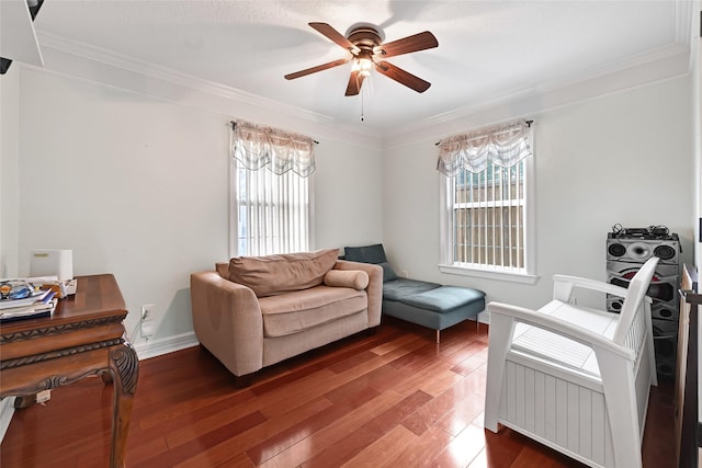 5227 Falvey St, Houston, TX 77017 - living room with crown molding, a ceiling fan, plenty of natural light, wood finished floors, and an office area