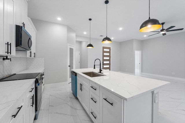 327 Paradise Ln, Montgomery, TX 77356 - kitchen featuring black microwave, stainless steel electric range, light marble finish flooring, recessed lighting, and dishwasher