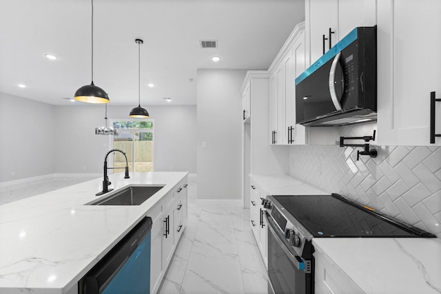 327 Paradise Ln, Montgomery, TX 77356 - kitchen featuring stainless steel electric range oven, dishwasher, white cabinets, backsplash, and light stone counters