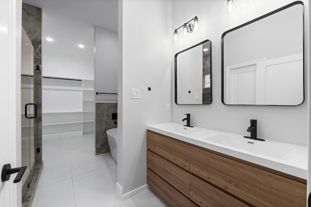 327 Paradise Ln, Montgomery, TX 77356 - bathroom with double vanity, a stall shower, a freestanding tub, and tile patterned flooring
