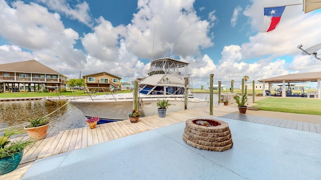 110 Four Master Rd, Freeport, TX 77541 - dock with an outdoor fire pit, a gazebo, and a water view
