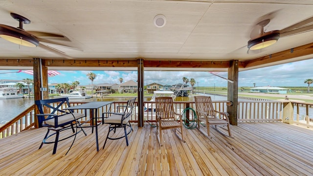110 Four Master Rd, Freeport, TX 77541 - wooden terrace featuring a ceiling fan and a water view