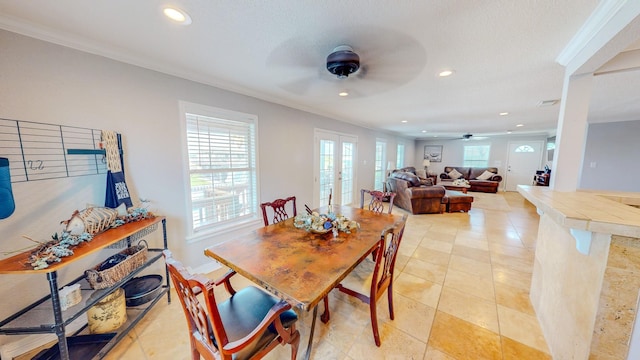 110 Four Master Rd, Freeport, TX 77541 - dining room featuring ceiling fan, ornamental molding, recessed lighting, and light tile patterned floors