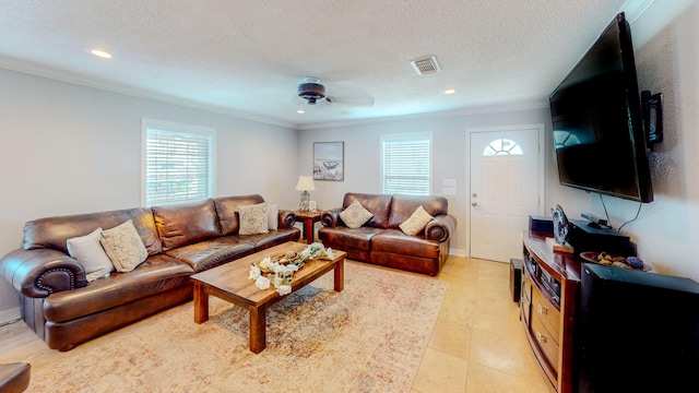 110 Four Master Rd, Freeport, TX 77541 - living room featuring crown molding, ceiling fan, recessed lighting, and a textured ceiling