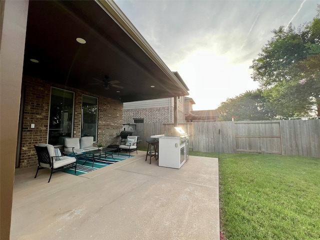 18718 Fairmont Springs Ct, Cypress, TX 77429 - fenced backyard featuring ceiling fan, grilling area, and a patio area