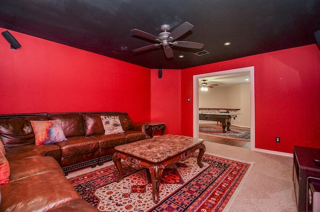 8711 Chamomile Meadow Trl, Katy, TX 77494 - living room with ceiling fan, carpet floors, and recessed lighting