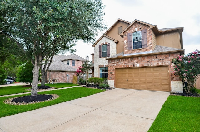8711 Chamomile Meadow Trl, Katy, TX 77494 - traditional home featuring concrete driveway, stone siding, a front yard, a garage, and brick siding