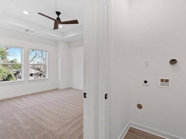 5702 Elysian St, Houston, TX 77009 - laundry area featuring electric dryer hookup, a ceiling fan, hookup for a washing machine, recessed lighting, and carpet flooring