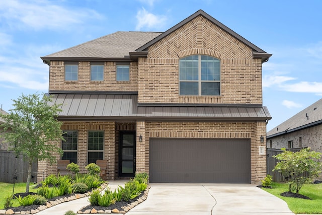 1919 Waters Branch Dr, Missouri City, TX 77459 - view of front of house featuring brick siding, a garage, driveway, and a standing seam roof