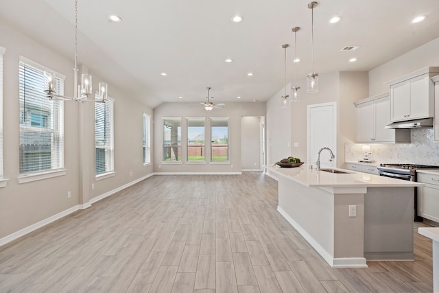 1919 Waters Branch Dr, Missouri City, TX 77459 - kitchen featuring backsplash, light wood-style floors, light countertops, under cabinet range hood, and open floor plan