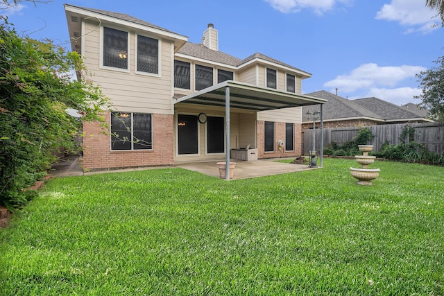 1726 Roaring Springs Ln, Seabrook, TX 77586 - rear view of house featuring a patio, brick siding, a chimney, and a shingled roof