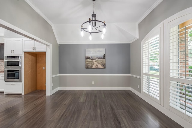 1013 Azalea Pointe, League City, TX 77573 - unfurnished dining area with a chandelier, dark wood-style floors, ornamental molding, and lofted ceiling