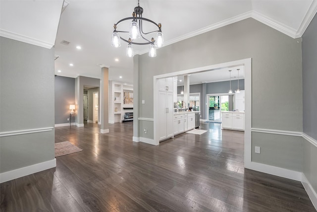 1013 Azalea Pointe, League City, TX 77573 - unfurnished living room featuring a chandelier, ornamental molding, dark wood-style floors, vaulted ceiling, and recessed lighting