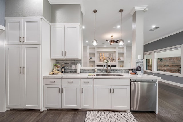 1013 Azalea Pointe, League City, TX 77573 - kitchen with dishwasher, ornamental molding, light stone counters, white cabinetry, and dark wood-style flooring
