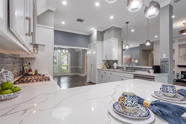 1013 Azalea Pointe, League City, TX 77573 - kitchen featuring decorative backsplash, ornamental molding, a fireplace, light stone counters, and white cabinets