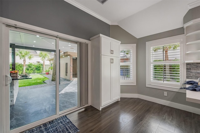 1013 Azalea Pointe, League City, TX 77573 - doorway to outside with crown molding, lofted ceiling, and dark wood-type flooring