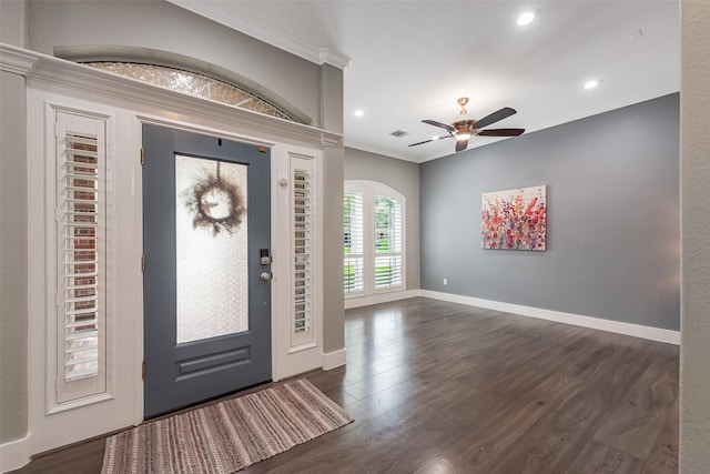 1013 Azalea Pointe, League City, TX 77573 - foyer entrance with crown molding, dark wood-style flooring, recessed lighting, and ceiling fan