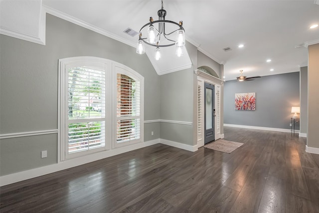 1013 Azalea Pointe, League City, TX 77573 - unfurnished room featuring ornamental molding, a chandelier, dark wood-style flooring, ceiling fan, and recessed lighting