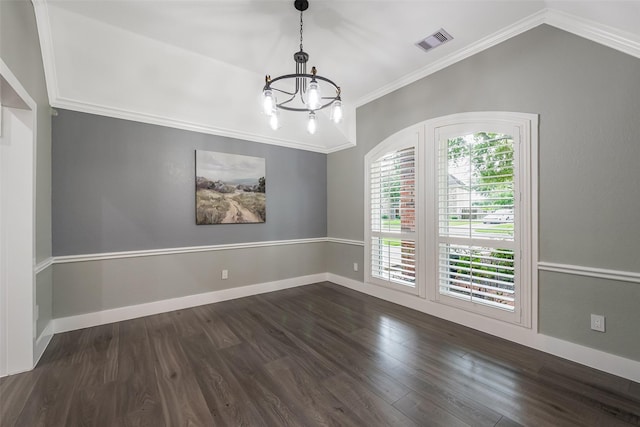 1013 Azalea Pointe, League City, TX 77573 - unfurnished room with a chandelier, dark wood-type flooring, ornamental molding, and vaulted ceiling