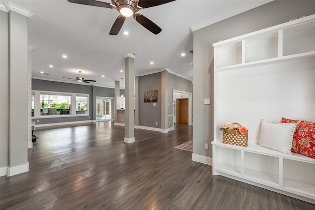 1013 Azalea Pointe, League City, TX 77573 - mudroom featuring ornamental molding, a ceiling fan, recessed lighting, wood finished floors, and decorative columns