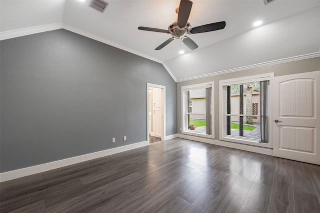 1013 Azalea Pointe, League City, TX 77573 - empty room featuring vaulted ceiling, ornamental molding, a ceiling fan, and dark wood-style floors