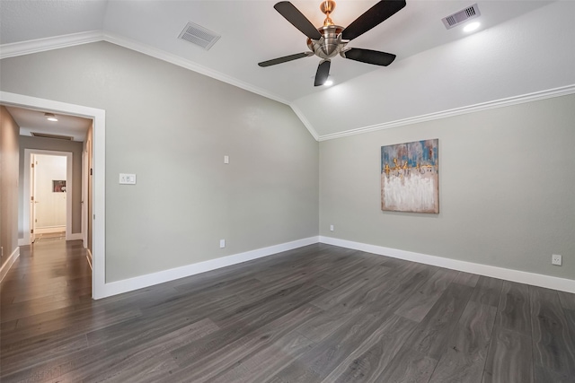1013 Azalea Pointe, League City, TX 77573 - empty room with lofted ceiling, dark wood-style flooring, ornamental molding, and a ceiling fan