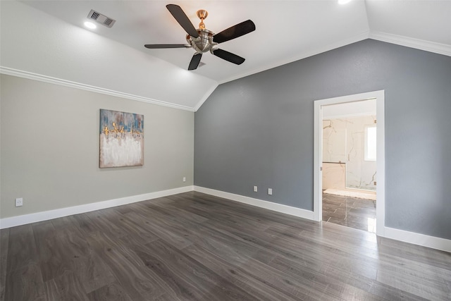 1013 Azalea Pointe, League City, TX 77573 - unfurnished room with lofted ceiling, ceiling fan, dark wood-type flooring, and ornamental molding