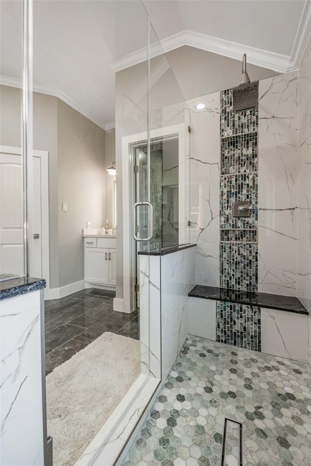 1013 Azalea Pointe, League City, TX 77573 - full bathroom with ornamental molding, a marble finish shower, vanity, lofted ceiling, and marble finish floors