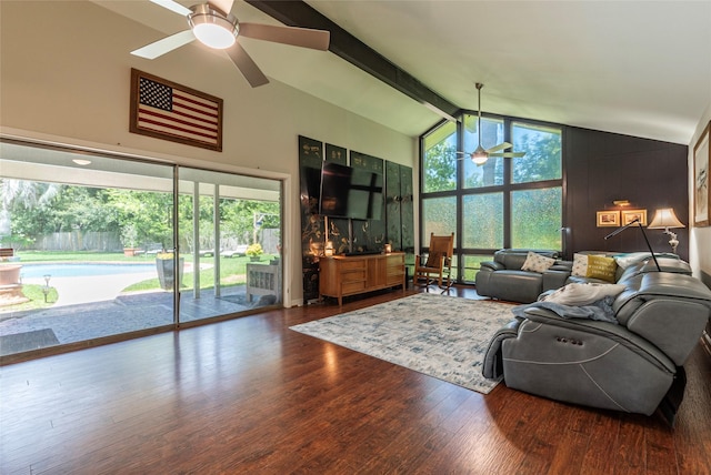 1208 15th Ave N, Texas City, TX 77590 - living area with a ceiling fan, wood finished floors, beamed ceiling, and high vaulted ceiling