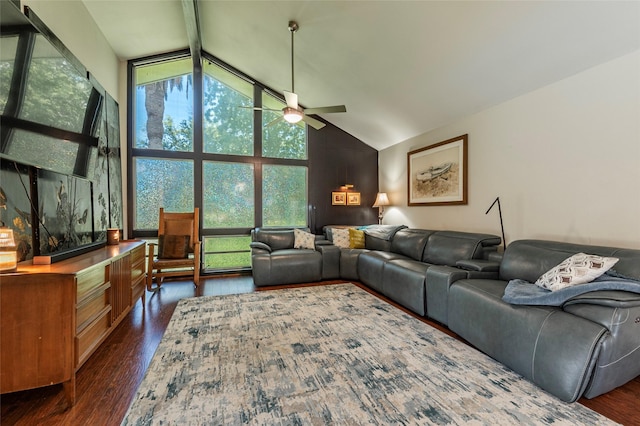 1208 15th Ave N, Texas City, TX 77590 - living room featuring ceiling fan, beam ceiling, dark wood-style flooring, and high vaulted ceiling