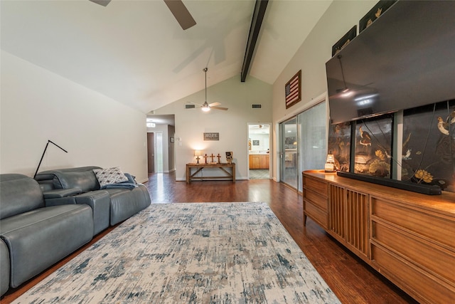 1208 15th Ave N, Texas City, TX 77590 - living room featuring a ceiling fan, beamed ceiling, wood finished floors, and high vaulted ceiling