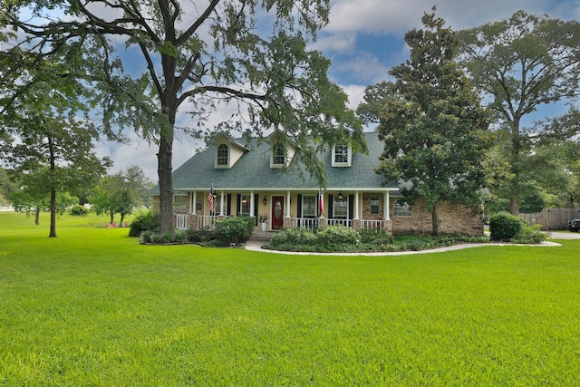 34310 High Point Dr, Magnolia, TX 77355 - cape cod house with covered porch, a front yard, and a shingled roof