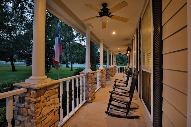 34310 High Point Dr, Magnolia, TX 77355 - porch featuring a ceiling fan and a lawn