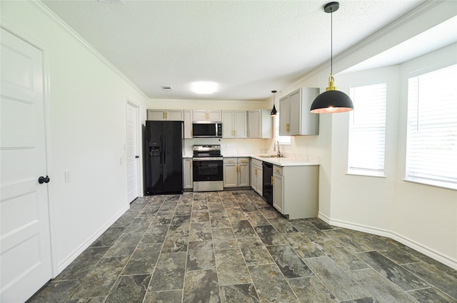 154 Wood Manor Ln, Sour Lake, TX 77659 - kitchen featuring black appliances, gray cabinets, crown molding, dark stone finish flooring, and a textured ceiling
