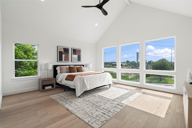 4110 Cortlandt St, Houston, TX 77018 - bedroom with high vaulted ceiling, light wood-style flooring, ceiling fan, and recessed lighting