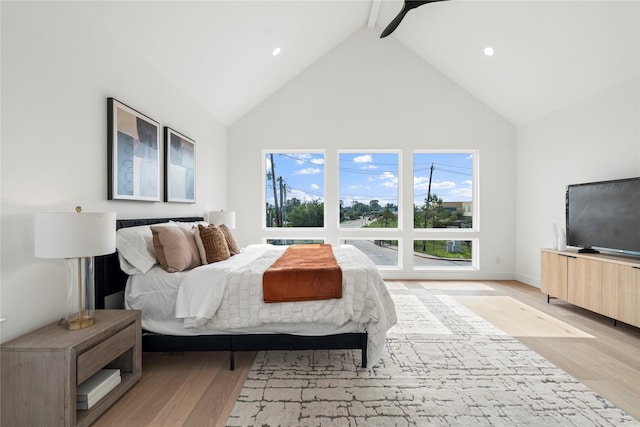 4110 Cortlandt St, Houston, TX 77018 - bedroom featuring high vaulted ceiling, light wood finished floors, recessed lighting, and beam ceiling