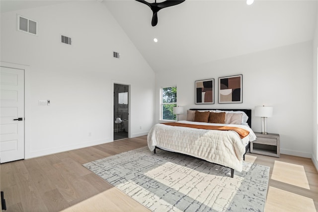 4110 Cortlandt St, Houston, TX 77018 - bedroom with high vaulted ceiling, light wood finished floors, recessed lighting, and a ceiling fan