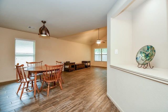 2026 Naplechase Crest Dr, Spring, TX 77373 - dining room featuring wood finished floors, ceiling fan, and lofted ceiling
