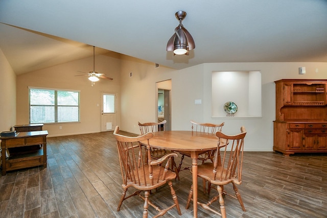 2026 Naplechase Crest Dr, Spring, TX 77373 - dining space featuring dark wood-style flooring, a ceiling fan, and vaulted ceiling