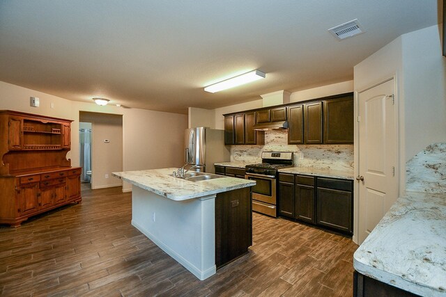 2026 Naplechase Crest Dr, Spring, TX 77373 - kitchen featuring appliances with stainless steel finishes, dark wood finished floors, dark brown cabinetry, and backsplash