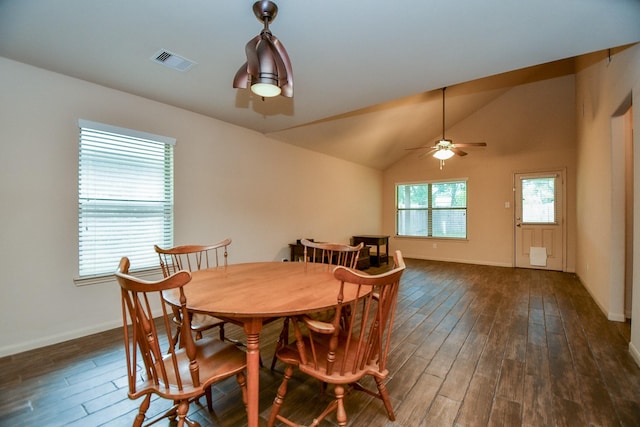 2026 Naplechase Crest Dr, Spring, TX 77373 - dining space featuring dark wood finished floors, ceiling fan, and lofted ceiling