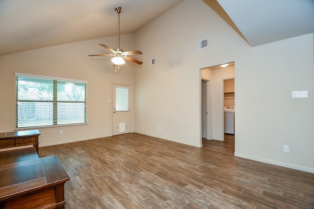 2026 Naplechase Crest Dr, Spring, TX 77373 - unfurnished living room with a ceiling fan, vaulted ceiling, and wood finished floors