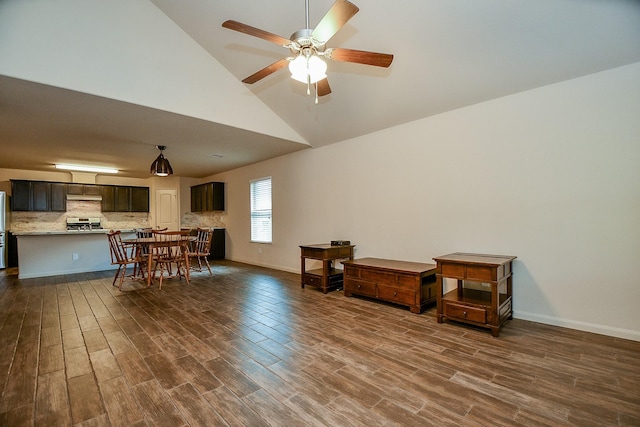 2026 Naplechase Crest Dr, Spring, TX 77373 - dining area featuring high vaulted ceiling, dark wood-style flooring, and a ceiling fan