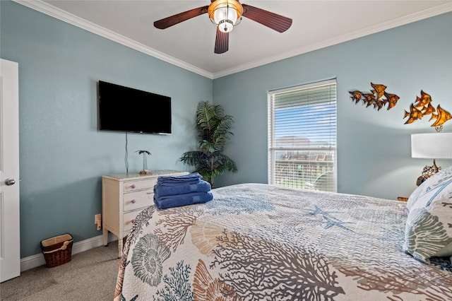 2617 Breaker Dr, Port Bolivar, TX 77650 - bedroom featuring carpet flooring, crown molding, and a ceiling fan
