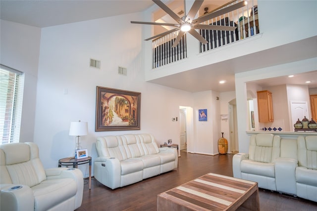 9434 Barretts Glen Ct, Houston, TX 77065 - living area with ceiling fan, high vaulted ceiling, dark wood finished floors, and recessed lighting