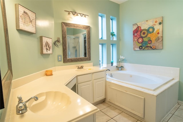 9434 Barretts Glen Ct, Houston, TX 77065 - bathroom featuring a bath, tile patterned floors, vanity, and a shower with shower door