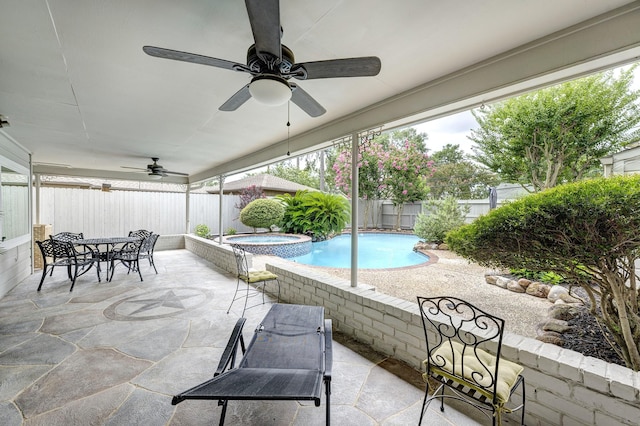 1109 Cheshire Ln, Houston, TX 77018 - view of pool featuring a fenced backyard, ceiling fan, a pool with connected hot tub, outdoor dining space, and a patio