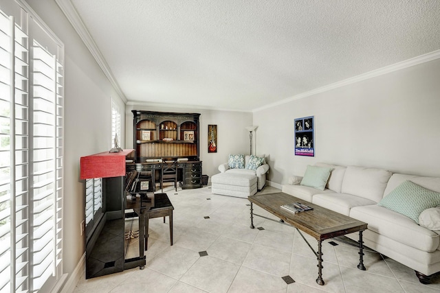 1109 Cheshire Ln, Houston, TX 77018 - living area with crown molding, a textured ceiling, and light tile patterned floors