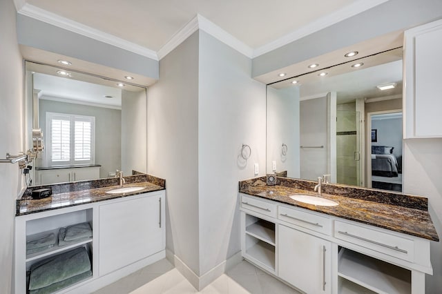 1109 Cheshire Ln, Houston, TX 77018 - ensuite bathroom featuring crown molding, recessed lighting, two vanities, and tile patterned floors