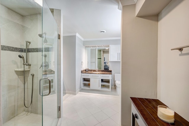 1109 Cheshire Ln, Houston, TX 77018 - full bath with ornamental molding, a shower stall, vanity, and tile patterned flooring